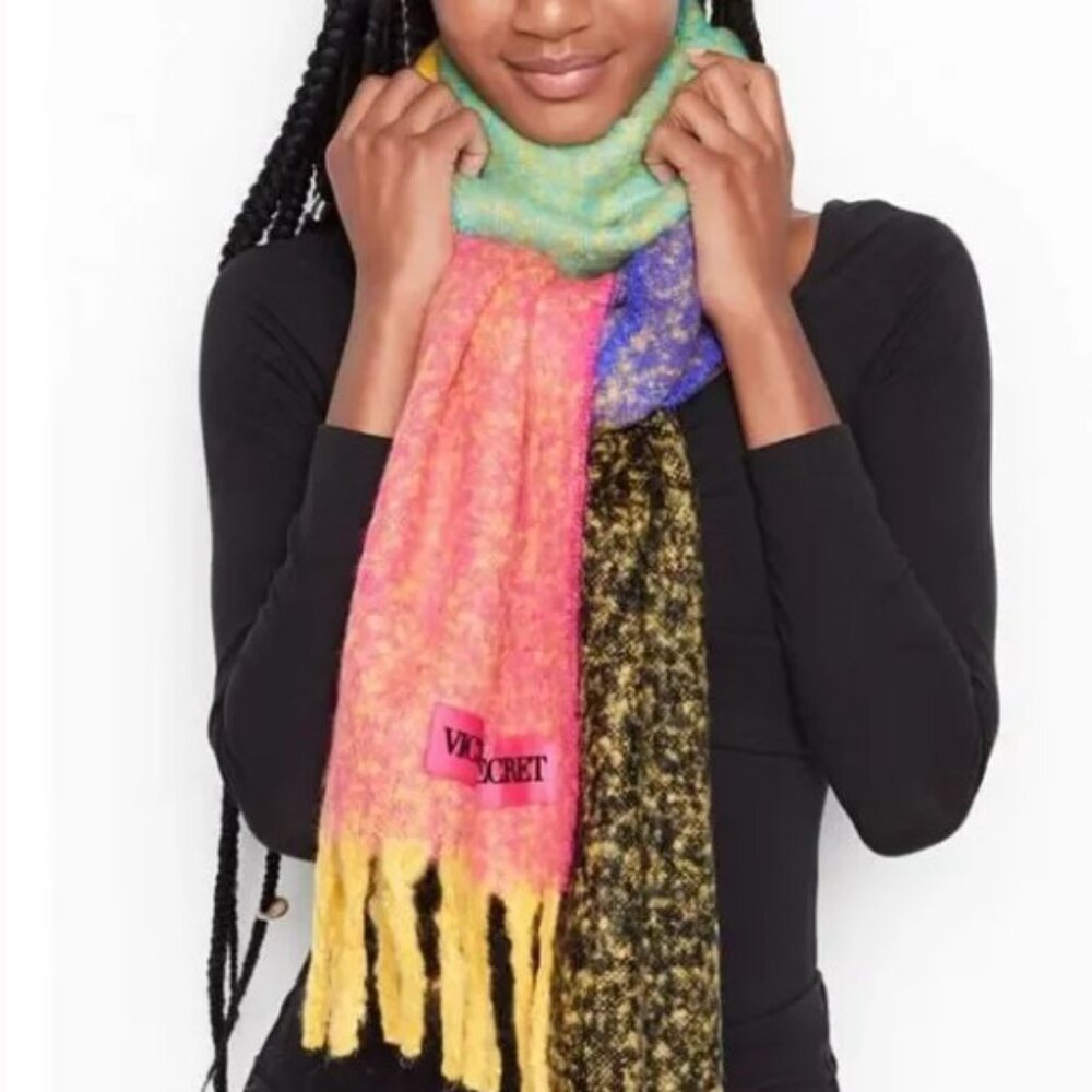 New Victoria’s Secret Scarf Wrap Fringe Cozy Multi Colorblock